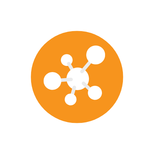 White cartoon icon of connected molecules