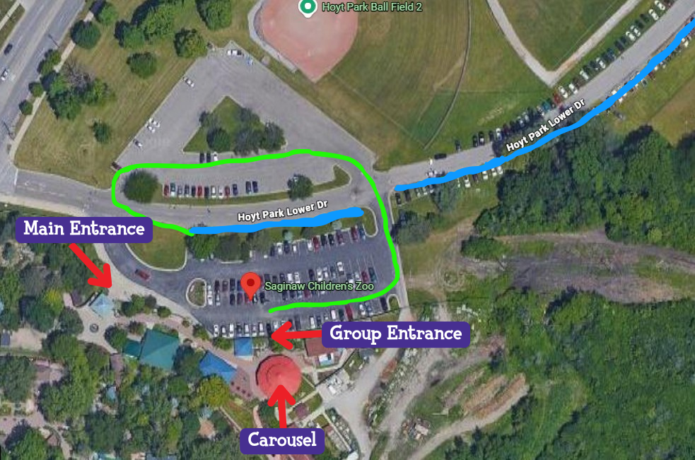 birds eye view of Zoo and surrounding parking lots highlighting a bus map