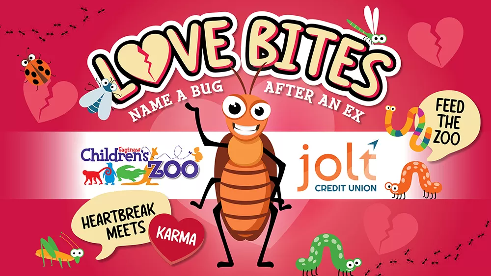 Cartoon Bug underneath a sign that reads Love Bites