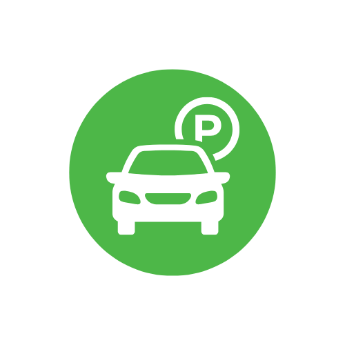 White car icon with a parking sign in a green circle