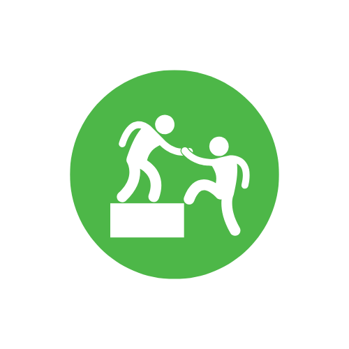 White cartoon of a person helping another in a green circle