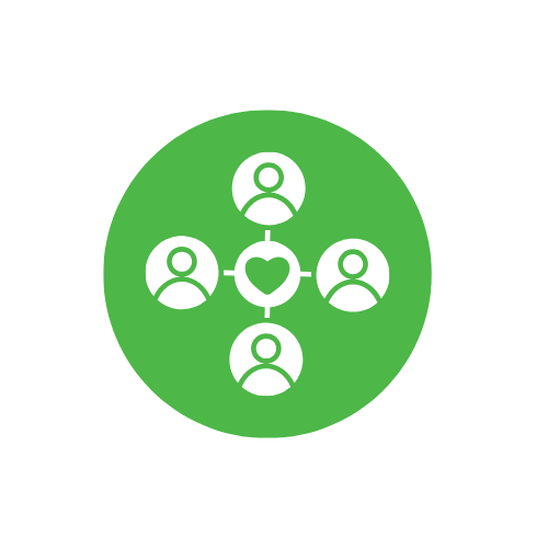 Relationships Icon - Gator Green white people icons around a heart in a green circle