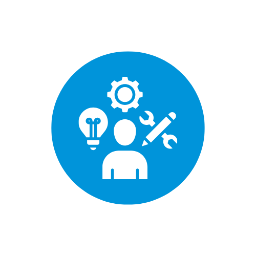 White cartoon person with tools in a blue circle