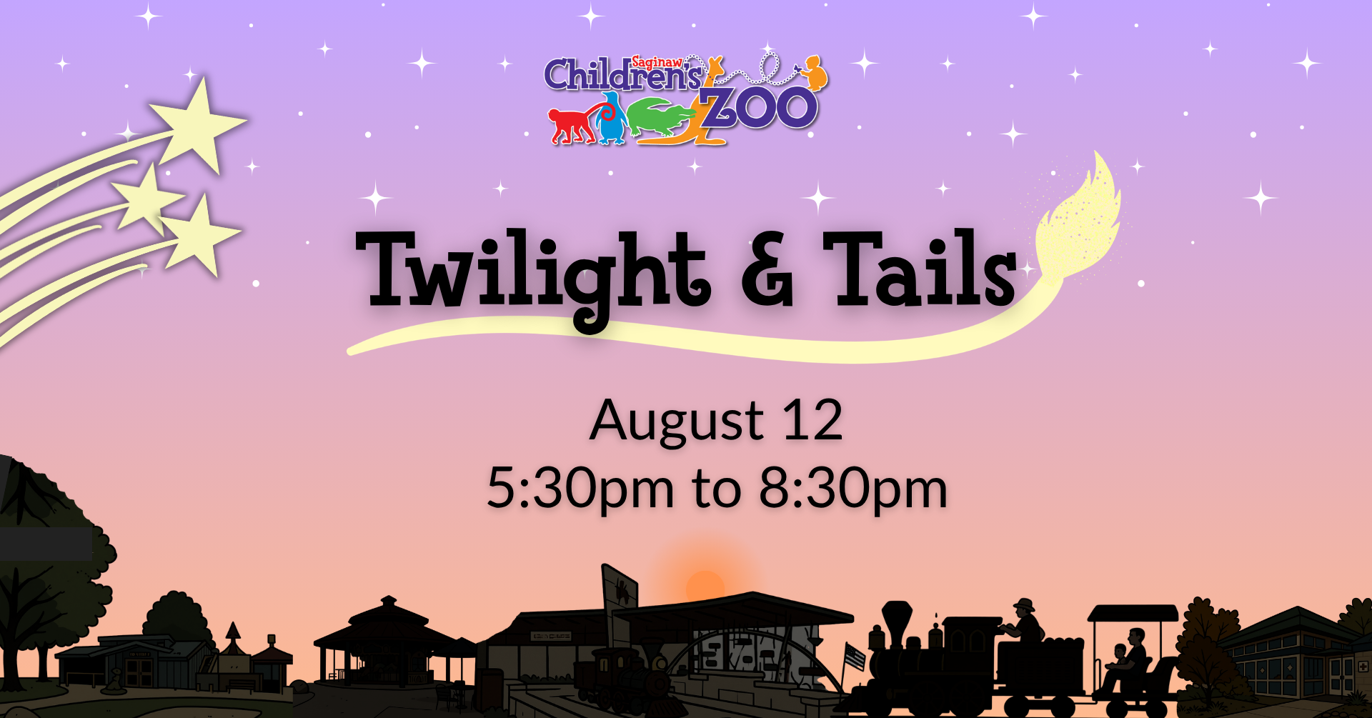 Twilight and Tails banner with image of a twilight sky and silhouetted zoo landmarks for Twilight & Tails on August 5 from 5:30pm to 8:30pm