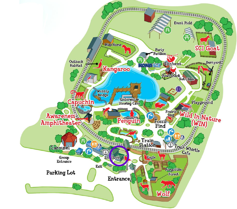 Cartoon Zoo map with Party Pavilion circled in purple